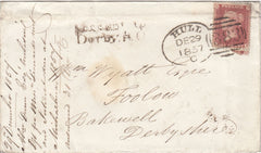 144169 1857 MAIL HULL TO BAKEWELL, DERBYS 1d (SG40) WITH HULL SPOON (RA41) AND 'Missent to/Derby RO' HANDSTAMP (DY165).
