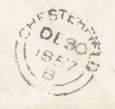 144169 1857 MAIL HULL TO BAKEWELL, DERBYS 1d (SG40) WITH HULL SPOON (RA41) AND 'Missent to/Derby RO' HANDSTAMP (DY165).