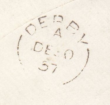 144169 1857 MAIL HULL TO BAKEWELL, DERBYS 1d (SG40) WITH HULL SPOON (RA41) AND 'Missent to/Derby RO' HANDSTAMP (DY165).