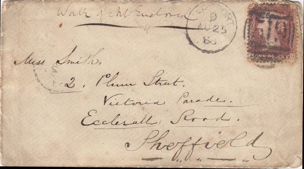 144171 1868 ENVELOPE MARYPORT, CUMBERLAND TO SHEFFIELD 1d PL.97 (SG43), REVERSE OF ENVELOPE COVERED WITH SENTENCES EXPRESSING ROMANCE.