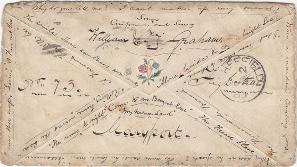 144171 1868 ENVELOPE MARYPORT, CUMBERLAND TO SHEFFIELD 1d PL.97 (SG43), REVERSE OF ENVELOPE COVERED WITH SENTENCES EXPRESSING ROMANCE.