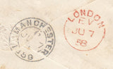 144172 1858 MAIL LONDON TO MANCHESTER 1d (SG40)(BD) ON REVERSE 'MANCHESTER' DOUBLE RING DATE STAMP.