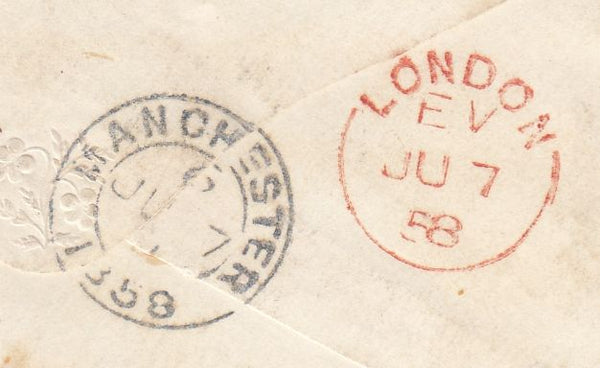 144172 1858 MAIL LONDON TO MANCHESTER 1d (SG40)(BD) ON REVERSE 'MANCHESTER' DOUBLE RING DATE STAMP.