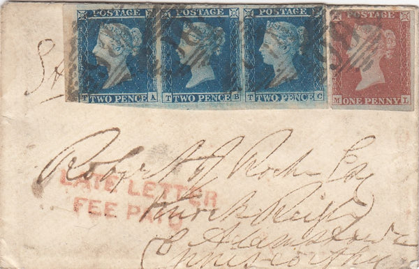 144173 1853 MAIL DUBLIN TO ADAMSTOWN, ENNISCORTHY 1d (SG8) AND 2d BLUE (SG14) PAYING 6d LATE FEE WITH 'LATE LETTER/FEE PAID' HANDSTAMP.