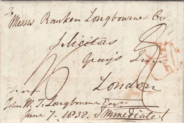 144175 1838 MAIL YARDLEY, BIRMINGHAM TO LONDON POSTAL CHARGE RE-RATED WITH INSPECTOR'S MARK.