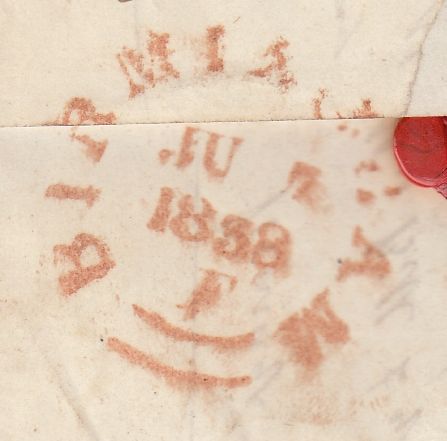144175 1838 MAIL YARDLEY, BIRMINGHAM TO LONDON POSTAL CHARGE RE-RATED WITH INSPECTOR'S MARK.