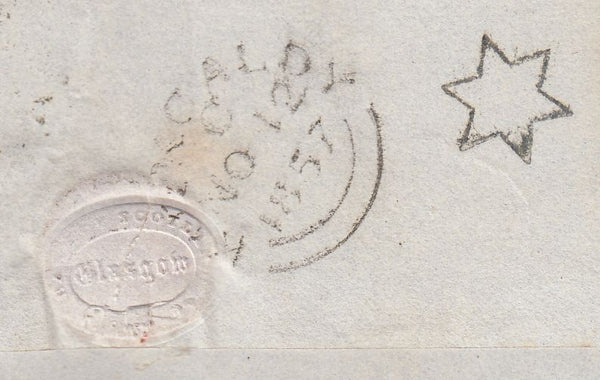 144178 1857 MAIL GLASGOW TO KIRKCALDY 1d (SG40), STAR SHAPED INSPECTOR'S MARK ON REVERSE.