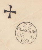 144179 1869 MAIL KINSALE, COUNTY CORK TO GLASGOW 1d (SG43) INSPECTOR'S MARK ON REVERSE IN SHAPE OF CELTIC CROSS.