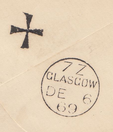 144179 1869 MAIL KINSALE, COUNTY CORK TO GLASGOW 1d (SG43) INSPECTOR'S MARK ON REVERSE IN SHAPE OF CELTIC CROSS.