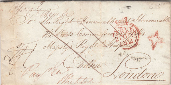 144181 1827 MAIL TRALEE, COUNTY KERRY TO CHELSEA ROYAL HOSPITAL, LONDON WITH 'TRALEE' HANDSTAMP AND INSPECTOR'S MARK.