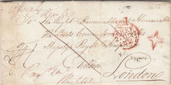 144181 1827 MAIL TRALEE, COUNTY KERRY TO CHELSEA ROYAL HOSPITAL, LONDON WITH 'TRALEE' HANDSTAMP AND INSPECTOR'S MARK.