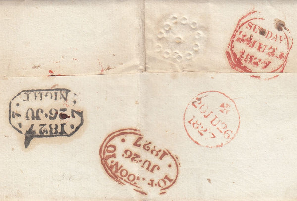 144181 1827 MAIL TRALEE, COUNTY KERRY TO CHELSEA ROYAL HOSPITAL, LONDON WITH 'TRALEE' HANDSTAMP AND INSPECTOR'S MARK.