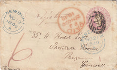 144182 1849 PENNY PINK ENVELOPE REGISTERED MAIL NEWBURY, BERKS TO PENZANCE, CORNWALL.
