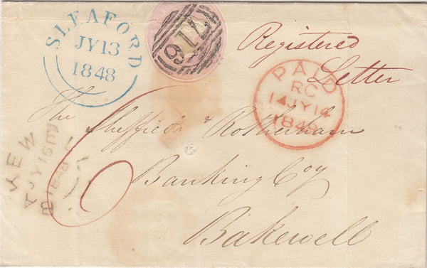 144183 1848 PENNY PINK WRAPPER REGISTERED MAIL SLEAFORD, LINCS TO BAKEWELL, DERBYS.