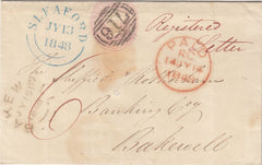 144183 1848 PENNY PINK WRAPPER REGISTERED MAIL SLEAFORD, LINCS TO BAKEWELL, DERBYS.