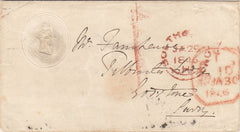 144184 1846 PENNY PINK ENVELOPE USED WITHIN SOUTHAMPTON, TURNED AND REUSED SOUTHAMPTON TO GODSTONE, SURREY.