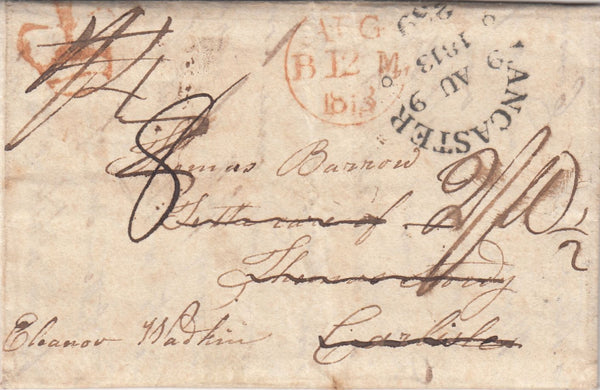 144185 1813 MAIL LANCASTER TO CARLISLE REDIRECTED TO EDINBURGH WITH VARIOUS CHARGES AND HANDSTAMPS.