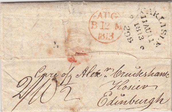 144185 1813 MAIL LANCASTER TO CARLISLE REDIRECTED TO EDINBURGH WITH VARIOUS CHARGES AND HANDSTAMPS.
