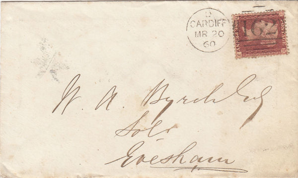 144188 1860 MAIL CARDIFF TO EVESHAM 1d (SG40) STAR SHAPED INSPECTOR'S MARK.
