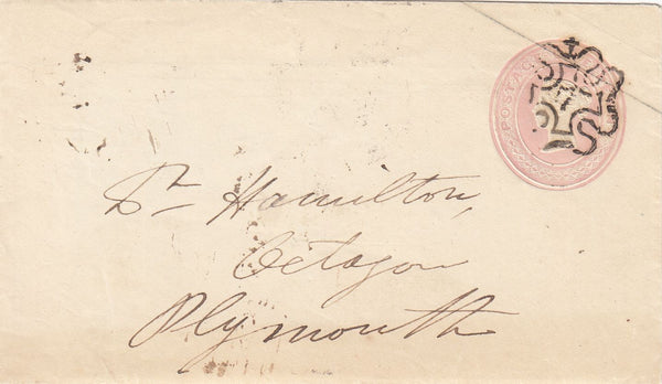 144190 1843 PENNY PINK ENVELOPE LONDON TO PLYMOUTH LONDON 'No. 7' MALTESE CROSS, ' ANTI CORN LAW LEAGUE' WAFER SEAL ON REVERSE.