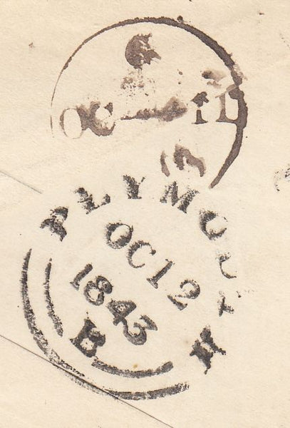 144190 1843 PENNY PINK ENVELOPE LONDON TO PLYMOUTH LONDON 'No. 7' MALTESE CROSS, ' ANTI CORN LAW LEAGUE' WAFER SEAL ON REVERSE.