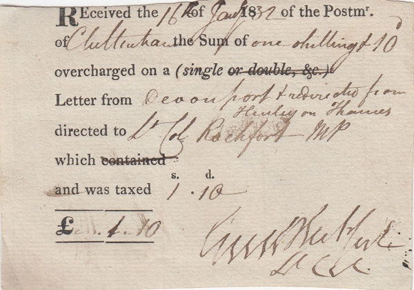 144192 1832 POST OFFICE RECEIPT OF REFUND OF OVERCHARGE OF POSTAGE ON REDIRECTED FREE FRANK LETTER DEVONPORT TO CHELTENHAM.