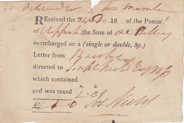 144193 1831? POST OFFICE RECEIPT OF REFUND OF OVERCHARGE OF POSTAGE ON FREE FRANK LETTER BRISTOL TO CHIPPENHAM.
