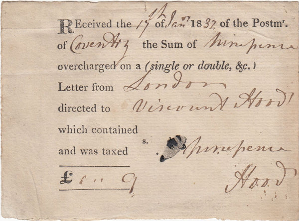 144194 1832 POST OFFICE RECEIPT OF REFUND OF OVERCHARGE OF POSTAGE ON FREE FRANK LETTER LONDON TO COVENTRY.