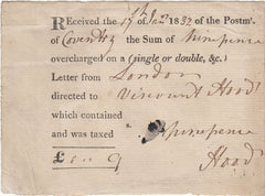 144194 1832 POST OFFICE RECEIPT OF REFUND OF OVERCHARGE OF POSTAGE ON FREE FRANK LETTER LONDON TO COVENTRY.