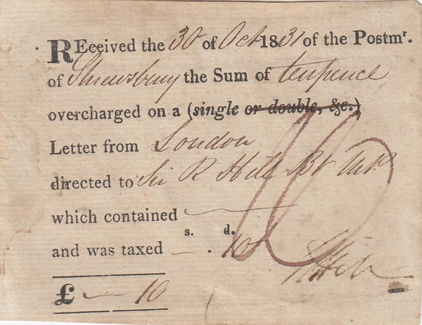 144195 1831 POST OFFICE RECEIPT OF REFUND OF OVERCHARGE OF POSTAGE ON FREE FRANK LETTER TO SHREWSBURY.