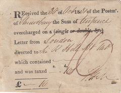 144195 1831 POST OFFICE RECEIPT OF REFUND OF OVERCHARGE OF POSTAGE ON FREE FRANK LETTER TO SHREWSBURY.