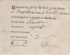 144196 1831 POST OFFICE RECEIPT OF REFUND OF OVERCHARGE OF POSTAGE ON FREE FRANK LETTER LONDON TO BRIGHTON.