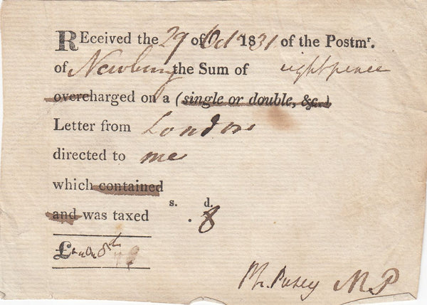 144197 1831 POST OFFICE RECEIPT OF REFUND OF OVERCHARGE OF POSTAGE ON FREE FRANK LETTER LONDON TO NEWBURY.