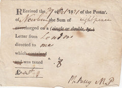 144197 1831 POST OFFICE RECEIPT OF REFUND OF OVERCHARGE OF POSTAGE ON FREE FRANK LETTER LONDON TO NEWBURY.