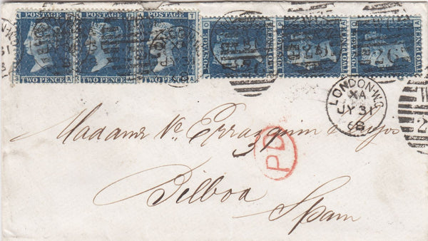 144198 1868 MAIL LONDON TO BILBOA, SPAIN 2d BLUE PL.9 (SG45) x SIX.