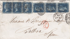 144198 1868 MAIL LONDON TO BILBOA, SPAIN 2d BLUE PL.9 (SG45) x SIX.
