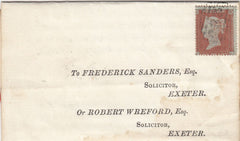 144200 1854 MAIL USED IN EXETER 1d (SG17) 'LYMPSTONE' UDC , PRINTED CONTENT 'EXETER AND EXMOUTH RAILWAY'.
