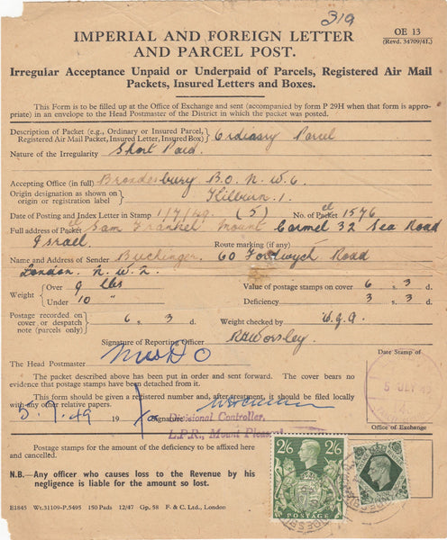 144201 1949 'IMPERIAL AND FOREIGN LETTER AND PARCEL POST/IRREGULAR ACCEPTANCE UNPAID OR UNDERPAID OF PARCELS REGISTERED AIR MAIL PACKETS INSURED LETTERS AND BOXES RECEIPTED KGVI 9d and 2/6 YELLOW-GREEN (SG476b).