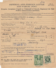 144201 1949 'IMPERIAL AND FOREIGN LETTER AND PARCEL POST/IRREGULAR ACCEPTANCE UNPAID OR UNDERPAID OF PARCELS REGISTERED AIR MAIL PACKETS INSURED LETTERS AND BOXES RECEIPTED KGVI 9d and 2/6 YELLOW-GREEN (SG476b).