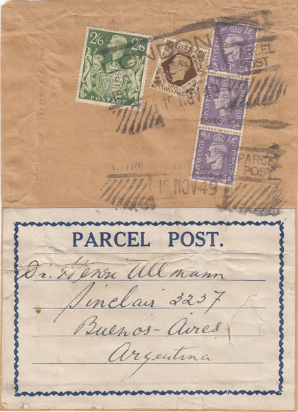 144202 1949 PART PARCEL WRAPPER LONDON TO ARGENTINA KGVI 3d x 3, 1S AND FINE 2/6 YELLOW-GREEN (SG476b).