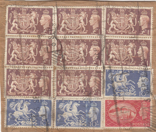 144203 1953 TWO PARCEL PIECES WITH KGVI 1951 £1 BROWN (SG512) X SIX AND EIGHT RESPECTIVELY.