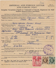 144204 1949 'IMPERIAL AND FOREIGN LETTER AND PARCEL POST/IRREGULAR ACCEPTANCE UNPAID OR UNDERPAID OF PARCELS, REGISTERED AIR MAIL PACKETS, INSURED LETTERES AND BOXES' RECEIPTED KGVI 9d 1s and 5s RED (SG477).