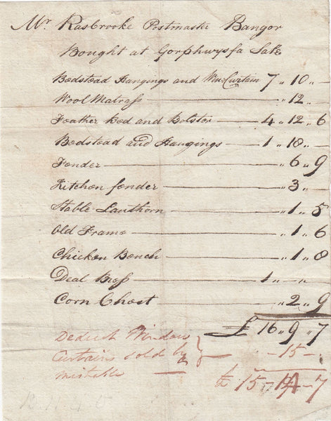 144211 CIRCA 1800 WRITTEN INVOICE ITEMS PURCHASED BY JOHN RASHBROOK, POSTMASTER OF BANGOR.