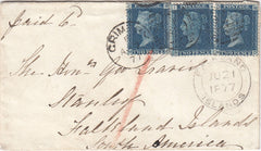 144216 1877 MAIL GRIMSBY TO FALKLAND ISLANDS 2d BLUE PL.15 (SG46) x THREE.