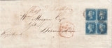 144217 1850 REGISTERED MAIL LONDON TO BIRMINGHAM SUPERB USED BLOCK OF FOUR 2d BLUE PL.4 (SG14).