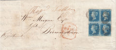 144217 1850 REGISTERED MAIL LONDON TO BIRMINGHAM SUPERB USED BLOCK OF FOUR 2d BLUE PL.4 (SG14).