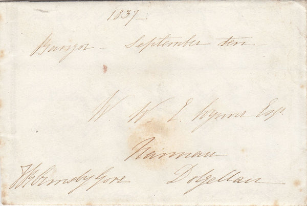 144218 1837 FREE MAIL BANGOR, CAERNARVON TO DOLGELLAU, MERION WITH LETTER.
