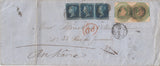 144219 1853 MAIL LONDON TO PARIS, REDIRECTED TO HAVRE, PAIR 1s EMBOSSED (SG55) AND STRIP OF THREE 2d BLUE (SG14).