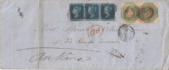 144219 1853 MAIL LONDON TO PARIS, REDIRECTED TO HAVRE, PAIR 1s EMBOSSED (SG55) AND STRIP OF THREE 2d BLUE (SG14).