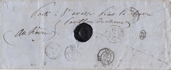 144219 1853 MAIL LONDON TO PARIS, REDIRECTED TO HAVRE, PAIR 1s EMBOSSED (SG55) AND STRIP OF THREE 2d BLUE (SG14).